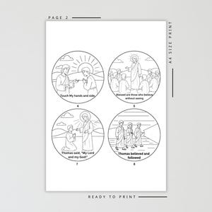 May include: Black and white line art print with four circular illustrations. Each depicts a biblical scene with text: "Touch My hands and side," "Blessed are those who believe without seeing," "Thomas said, 'My Lord and my God!,'" and "Thomas believed and followed."