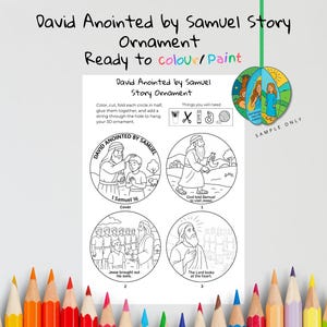 Puede incluir: Un adorno para colorear que presenta la historia de David ungido por Samuel. El dise&ntilde;o incluye cuatro ilustraciones circulares de la historia b&iacute;blica, junto con instrucciones y una muestra del adorno terminado. El texto dice "Ready to colour/paint".