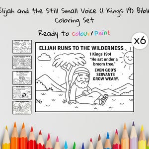 Puede incluir: Un juego de colorear bíblico titulado "Elías y la voz apacible (1 Reyes 19)". El juego incluye una página principal para colorear con el texto "Elías huye al desierto" y varias páginas más pequeñas. Listo para colorear o pintar.