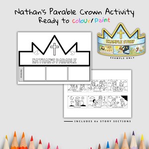 Puede incluir: Un conjunto imprimible de "Actividad de la corona de la parábola de Nathan". El conjunto incluye un contorno de corona con el texto "Nathan's Parable" y una cruz, más seis secciones de la historia. La corona está lista para colorear o pintar.