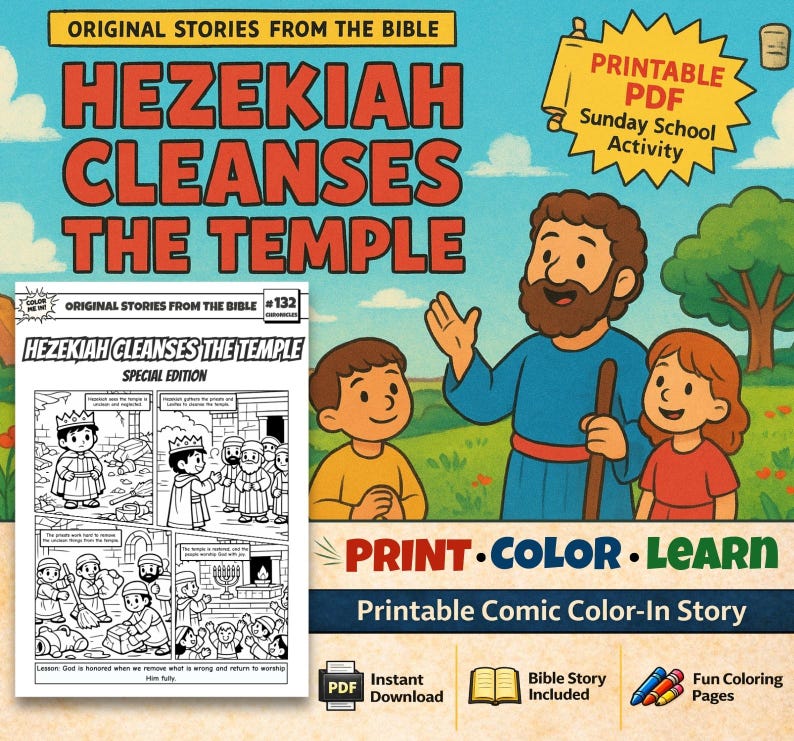 Hezekiah Cleanses the Temple Bible Comic Colouring Page for Kids: listing photo