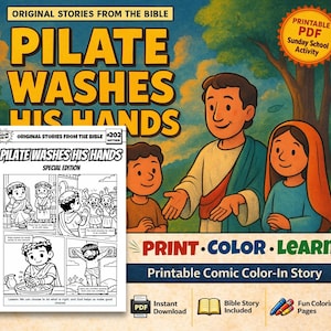 May include: A colorful illustration from "Original Stories From The Bible" featuring the text "PILATE WASHES HIS HANDS." The image includes cartoon figures and a coloring book page with comic panels. The text "PRINT COLOR LEARN" is also visible.