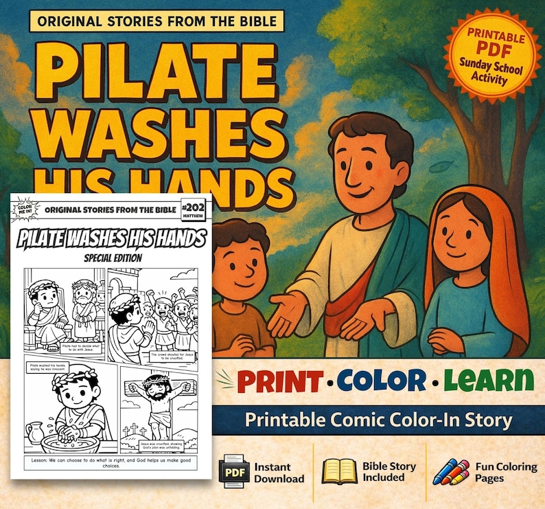 Pilate Washes His Hands Bible Comic Colouring Page: listing photo