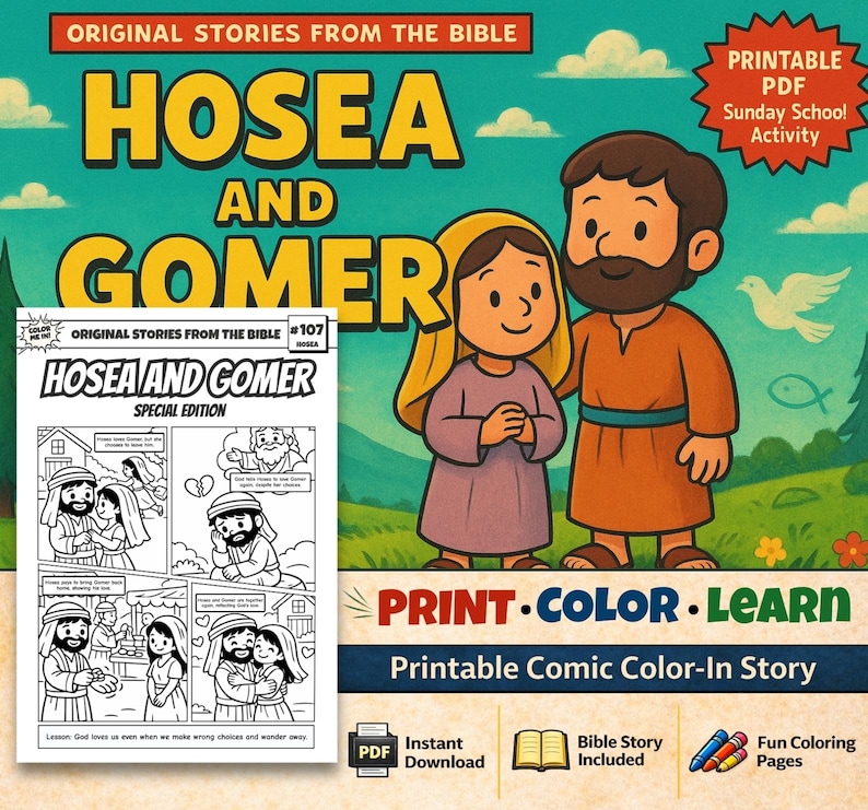 Hosea and Gomer Bible Comic Colouring Page: listing photo
