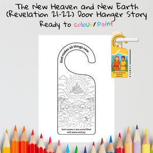 May include: A white door hanger with a black and white illustration of a landscape with a city, trees, and a river. Text includes "The New Heaven and New Earth" and "Ready to colour/paint". A sample door hanger is also visible.