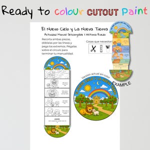 K&ouml;nnte beinhalten: Ein wei&szlig;es Papier mit dem Text "Ready to colour CUTOUT Paint" und Anweisungen auf Spanisch. Das Bild enth&auml;lt ein Farbbeispiel und eine Schwarz-Wei&szlig;-Version eines radf&ouml;rmigen Bastelprojekts mit Illustrationen.