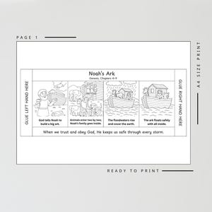 Puede incluir: P&aacute;gina imprimible ilustrada en blanco y negro titulada "Noah's Ark" con cuatro paneles que representan la historia. Incluye texto: "Dios le dice a No&eacute; que construya un arca grande" y "Cuando confiamos y obedecemos a Dios, &Eacute;l nos mantiene a salvo en cada tormenta."