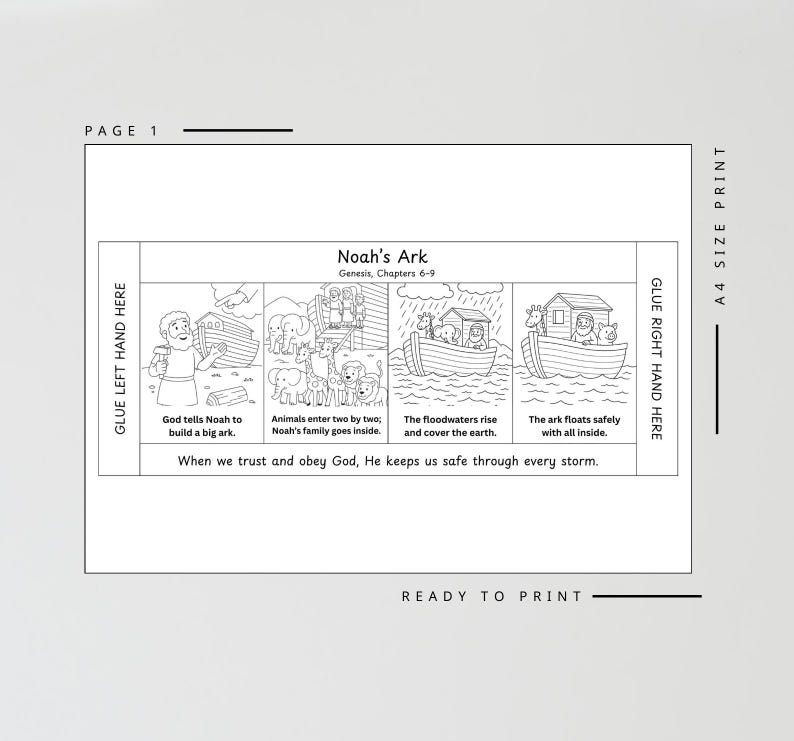 Puede incluir: P&aacute;gina imprimible ilustrada en blanco y negro titulada "Noah's Ark" con cuatro paneles que representan la historia. Incluye texto: "Dios le dice a No&eacute; que construya un arca grande" y "Cuando confiamos y obedecemos a Dios, &Eacute;l nos mantiene a salvo en cada tormenta."