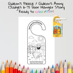 May include: A white door hanger with a black and white illustration depicting a biblical scene. Text includes "Gideon's Fleece / Gideon's Army" and "Ready to colour/Paint". A smaller, colored door hanger is also visible.