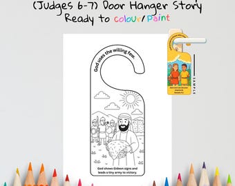 May include: A white door hanger with a black and white illustration depicting a biblical scene. Text includes "Gideon's Fleece / Gideon's Army" and "Ready to colour/Paint". A smaller, colored door hanger is also visible.