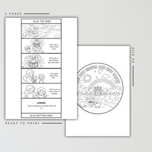 May include: Two-page ready-to-print coloring pages. One page features a circular design with the text "THE NEW HEAVEN AND NEW EARTH" and a rainbow. The other page has a comic strip with text and illustrations about a new heaven and earth.
