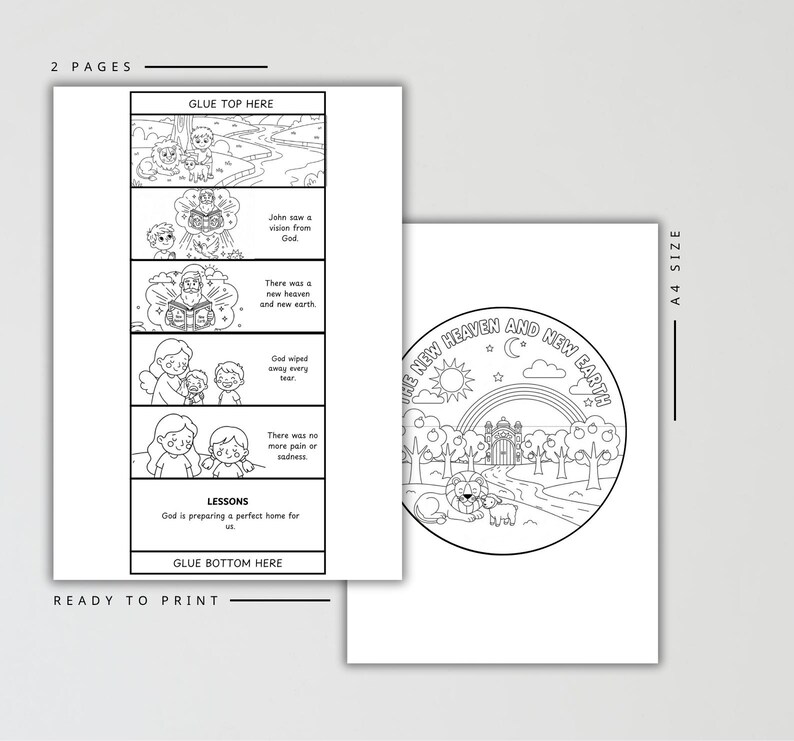 May include: Two-page ready-to-print coloring pages. One page features a circular design with the text "THE NEW HEAVEN AND NEW EARTH" and a rainbow. The other page has a comic strip with text and illustrations about a new heaven and earth.