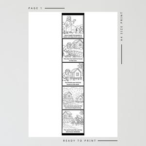 May include: Black and white printable A4 size print with a religious theme. The print features a series of illustrations depicting a biblical story, with text captions. The illustrations show people, houses, and natural elements.