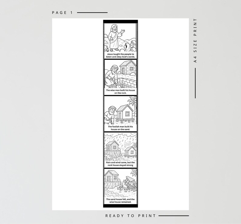 May include: Black and white printable A4 size print with a religious theme. The print features a series of illustrations depicting a biblical story, with text captions. The illustrations show people, houses, and natural elements.