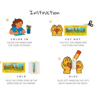 Op de afbeelding: Ge&iuml;llustreerde instructies voor een knutselproject. De stappen omvatten kleuren, knippen, vouwen en lijmen. De tekst luidt "Inkleren", "Uitknippen", "Vouwen" en "Lijmen". Het project omvat een stripverhaal en handuitsparingen.