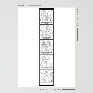 May include: Black and white printable page with a religious theme. The page features a series of illustrations depicting a biblical story, with text captions. The words "PAGE 1", "A4 SIZE PRINT", and "READY TO PRINT" are also visible.
