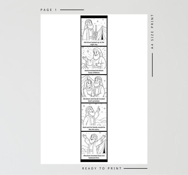 May include: Black and white printable page with a religious theme. The page features a series of illustrations depicting a biblical story, with text captions. The words "PAGE 1", "A4 SIZE PRINT", and "READY TO PRINT" are also visible.