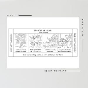 May include: Black and white printable page with the title "The Call of Isaiah." The page features illustrations of angels and Isaiah, with text describing the biblical story. Includes instructions to glue the left and right sides.