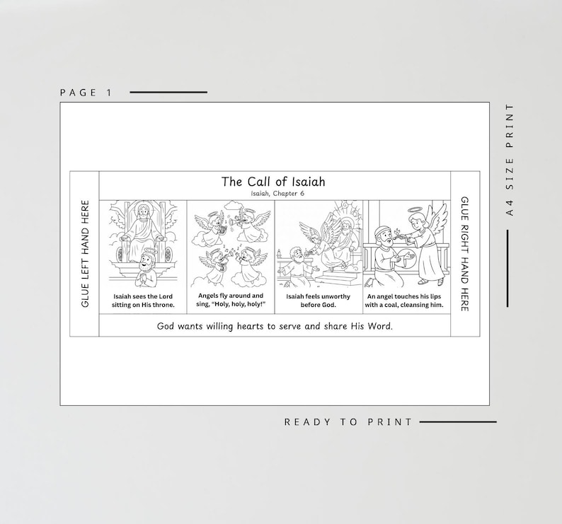 May include: Black and white printable page with the title "The Call of Isaiah." The page features illustrations of angels and Isaiah, with text describing the biblical story. Includes instructions to glue the left and right sides.