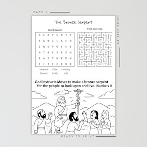 Puede incluir: Una hoja de actividades imprimible en blanco y negro titulada "The Bronze Serpent". Incluye una b&uacute;squeda de palabras, un laberinto y una ilustraci&oacute;n b&iacute;blica de Mois&eacute;s. El texto dice: "Dios instruye a Mois&eacute;s a hacer una serpiente de bronce para que el pueblo la mire y viva."