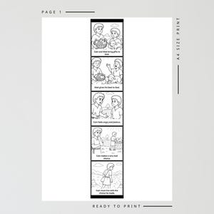 May include: Black and white illustrated comic strip depicting the story of Cain and Abel. The strip includes text and illustrations showing the characters bringing gifts, Abel giving his best, Cain's jealousy, a bad choice, and Cain's consequences. The words "PAGE 1" and "READY TO PRINT" are also visible.