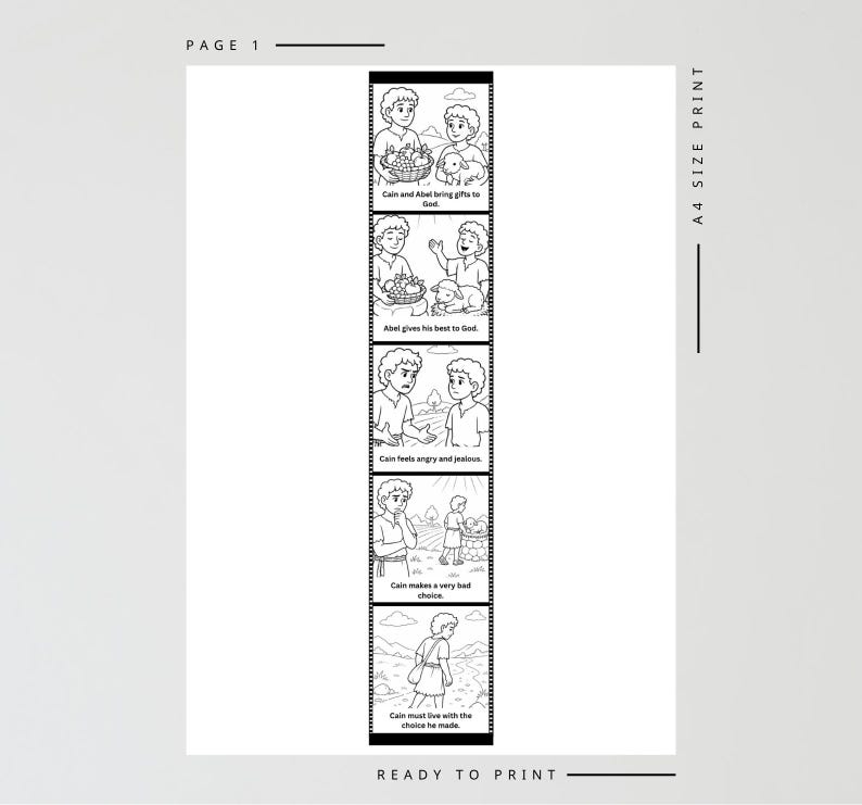 May include: Black and white illustrated comic strip depicting the story of Cain and Abel. The strip includes text and illustrations showing the characters bringing gifts, Abel giving his best, Cain's jealousy, a bad choice, and Cain's consequences. The words "PAGE 1" and "READY TO PRINT" are also visible.