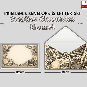 May include: Printable envelope and letter set with a Creative Chronicles theme. The front of the stationery features a decorative border with writing tools and a blank space for text. The envelope back has a matching design with books, pens, and a candle.