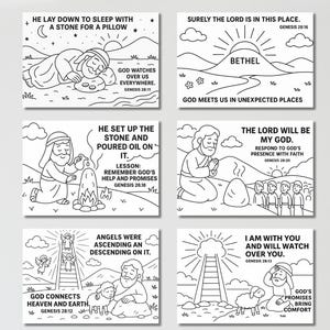 May include: Six black and white colouring pages featuring Bible verses and illustrations. The images depict scenes such as a man sleeping with a stone pillow, a mountain with the word "Bethel", and angels ascending a ladder. Each page includes a Bible verse reference.