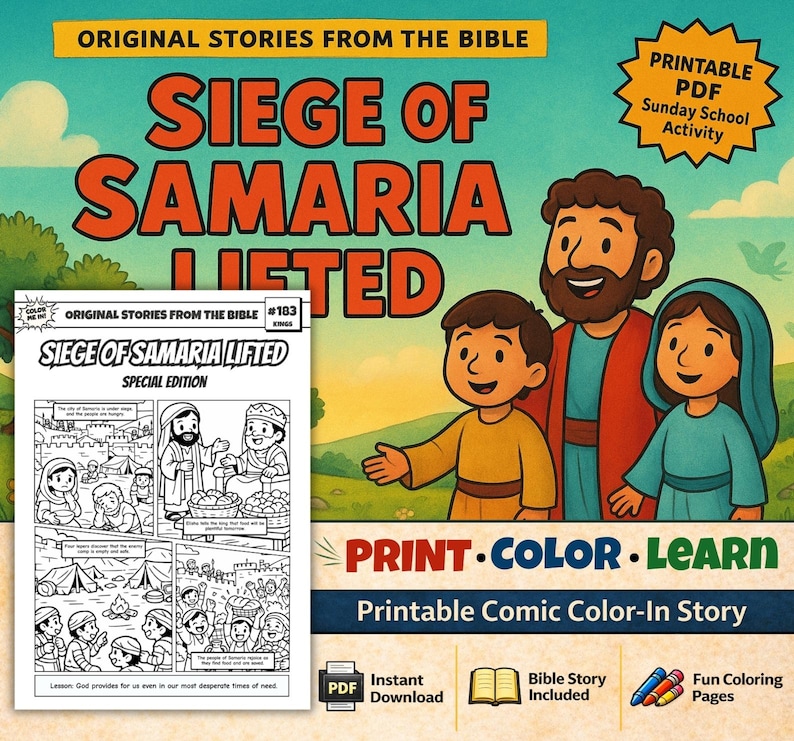 Siege of Samaria Lifted Bible Comic Colouring Page: listing photo