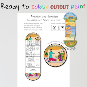 May include: A downloadable craft activity illustrating the story of Ananias and Sapphira. The design includes a story wheel and a circular illustration. The text reads "Ready to colour CUTOUT Paint" and instructions for assembly.
