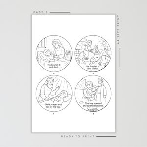 May include: Black and white line art illustrations on a white background. The images depict a story with text, including "The boy fell ill and died," "She hurried to find Elisha," "Elisha prayed and laid on the boy," and "The boy sneezed and opened his eyes."