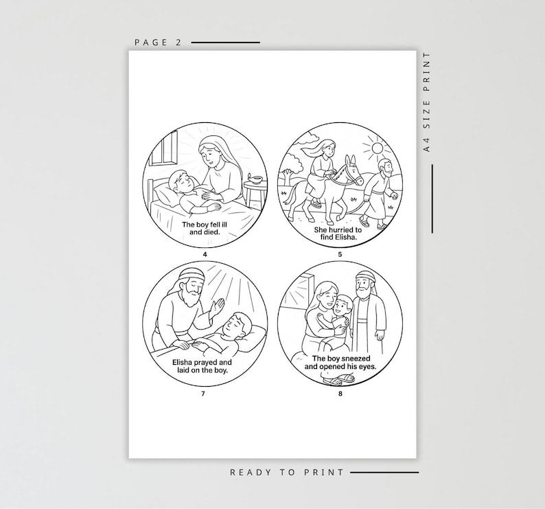 May include: Black and white line art illustrations on a white background. The images depict a story with text, including "The boy fell ill and died," "She hurried to find Elisha," "Elisha prayed and laid on the boy," and "The boy sneezed and opened his eyes."