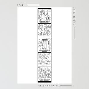 Pu&ograve; includere: Pannelli di storie illustrati in bianco e nero con testo. I pannelli raffigurano scene di una narrazione religiosa, tra cui Mos&egrave;, famiglie e un angelo. Il testo include frasi come "Mos&egrave; disse al popolo" e "Dio tenne ogni casa segnata al sicuro."