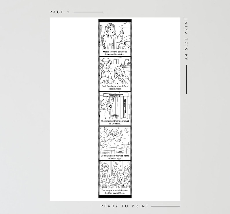 Pu&ograve; includere: Pannelli di storie illustrati in bianco e nero con testo. I pannelli raffigurano scene di una narrazione religiosa, tra cui Mos&egrave;, famiglie e un angelo. Il testo include frasi come "Mos&egrave; disse al popolo" e "Dio tenne ogni casa segnata al sicuro."