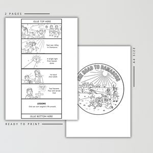 May include: Two-page black and white printable coloring pages. One page features a comic strip with text and illustrations about Saul's conversion. The other page has a circular illustration with the text "The Road to Damascus".