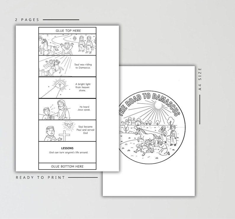 May include: Two-page black and white printable coloring pages. One page features a comic strip with text and illustrations about Saul's conversion. The other page has a circular illustration with the text "The Road to Damascus".