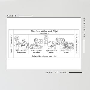 May include: Black and white illustrated story of "The Poor Widow and Elijah" from 1 Kings, Chapter 17. The story is divided into four panels with text and illustrations. The text includes "God provides when we trust Him."