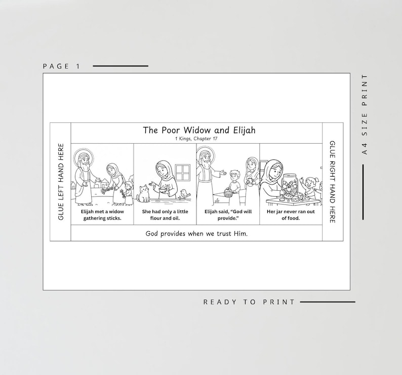 May include: Black and white illustrated story of "The Poor Widow and Elijah" from 1 Kings, Chapter 17. The story is divided into four panels with text and illustrations. The text includes "God provides when we trust Him."