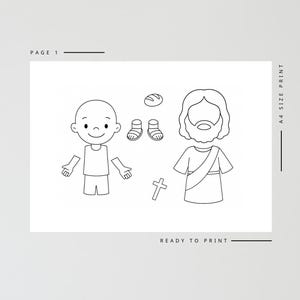 May include: Black and white line art illustration of a child, Jesus, bread, sandals, and a cross. The text "PAGE 1" and "READY TO PRINT" are also included. The image is labeled "A4 SIZE PRINT".