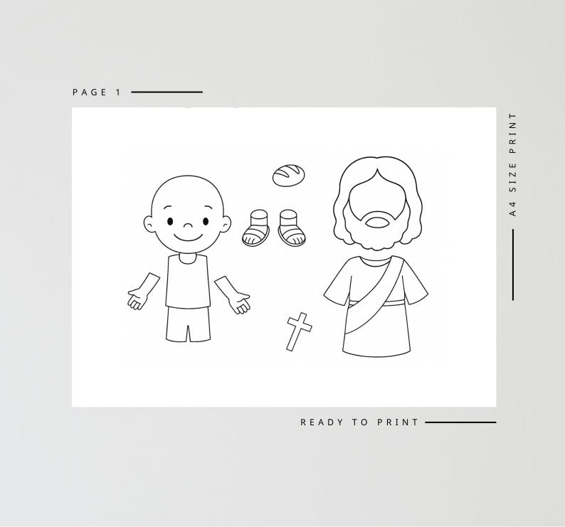 May include: Black and white line art illustration of a child, Jesus, bread, sandals, and a cross. The text "PAGE 1" and "READY TO PRINT" are also included. The image is labeled "A4 SIZE PRINT".