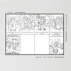 May include: Black and white line art of a Bible story, "The Call of Abram," with text and illustrations. The images depict Abram's journey, with text including "God tells Abram, 'Leave your home.'" and "Ready to Print."