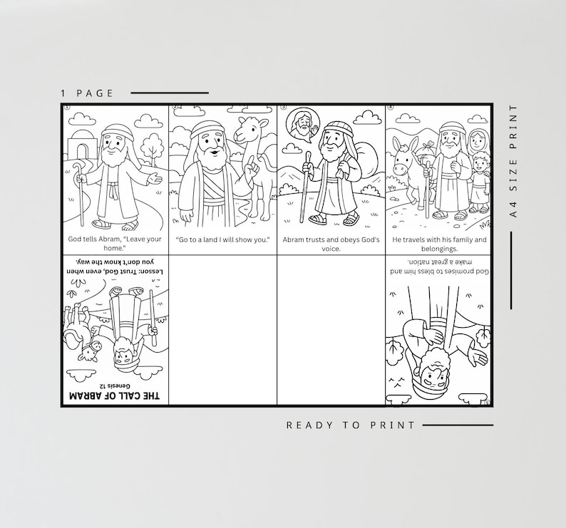 May include: Black and white line art of a Bible story, "The Call of Abram," with text and illustrations. The images depict Abram's journey, with text including "God tells Abram, 'Leave your home.'" and "Ready to Print."