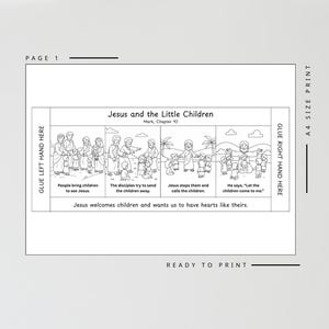 May include: Black and white illustrated page titled "Jesus and the Little Children" from Mark, Chapter 10. The page features sequential drawings depicting Jesus with children, with text describing each scene. Includes instructions for gluing and printing.