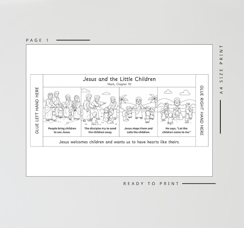 May include: Black and white illustrated page titled "Jesus and the Little Children" from Mark, Chapter 10. The page features sequential drawings depicting Jesus with children, with text describing each scene. Includes instructions for gluing and printing.