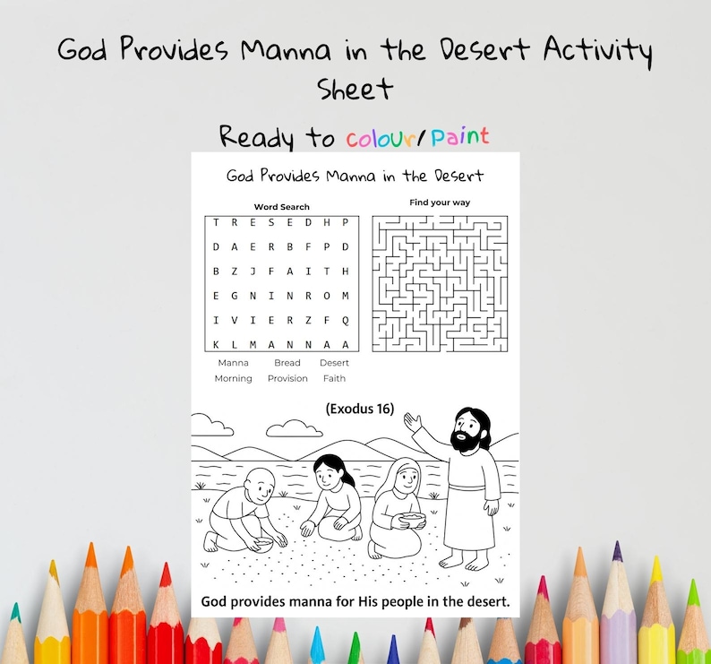 God Provides Manna in the Desert Bible Activity Sheet for Kids: listing photo