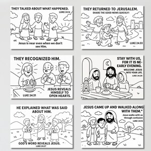 May include: A set of six black and white coloring pages featuring biblical illustrations and text from the Gospel of Luke. Each page depicts scenes of Jesus with people, including captions like 'They talked about what happened' and 'They recognized Him'.