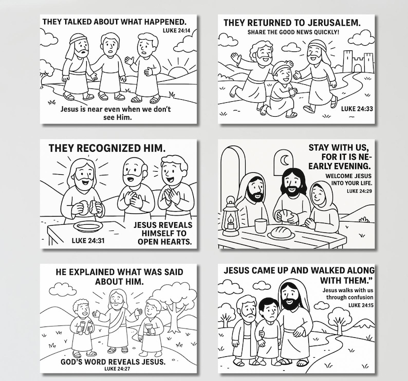 May include: A set of six black and white coloring pages featuring biblical illustrations and text from the Gospel of Luke. Each page depicts scenes of Jesus with people, including captions like 'They talked about what happened' and 'They recognized Him'.