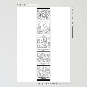 May include: Black and white illustrated story panels depicting a biblical narrative. The panels show scenes with text including "Jesus and His friends came to a wedding feast" and "The water changed into fine wine". The text "READY TO PRINT" is also visible.