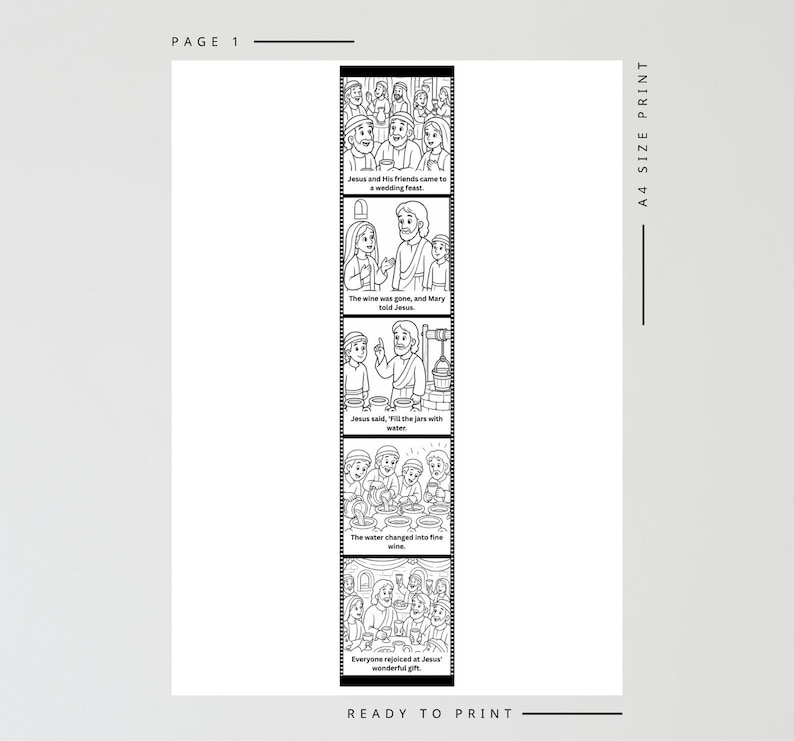 May include: Black and white illustrated story panels depicting a biblical narrative. The panels show scenes with text including "Jesus and His friends came to a wedding feast" and "The water changed into fine wine". The text "READY TO PRINT" is also visible.