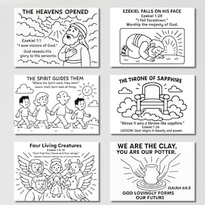 May include: Black and white illustrations on cards with Bible verses. The cards feature drawings of people, angels, and objects, with text such as "The Heavens Opened" and "We are the Clay, You are our Potter."